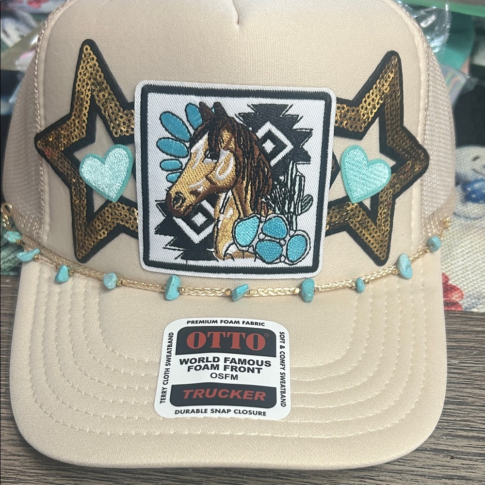 Beige Trucker Hat with Horse and Star Embellishments